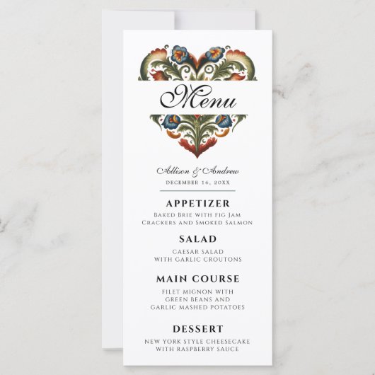 Noors Rosemaling Hart Bewerkbaar Diner Menu (Voorkant)