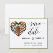 Noors Rosemaling hart bruiloft Save The Date (Voorkant / Achterkant)