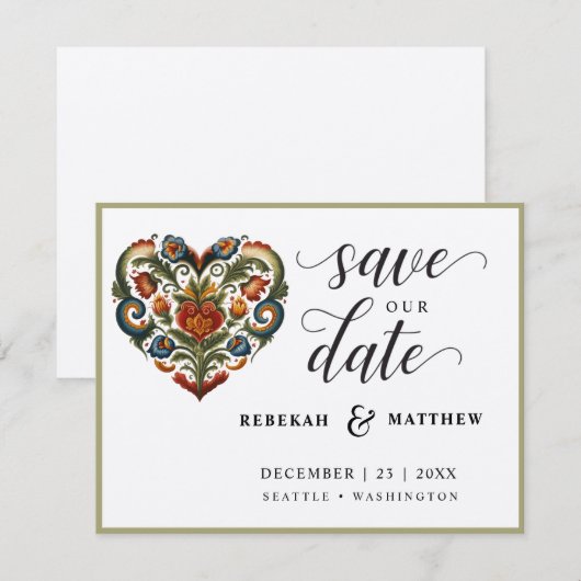 Noors Rosemaling hart bruiloft Save The Date (Voorkant / Achterkant)