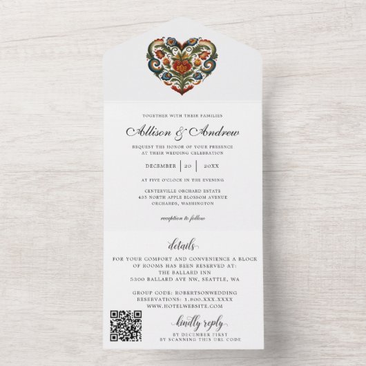 Noors Rosemaling Hart | Huwelijksuitnodiging All In One Uitnodiging (Binnen)