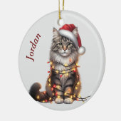 Noorse boskat verpakt in kerstverlichting keramisch ornament (Links)