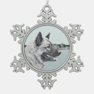 Noorse Elkhound bij het Schilderen van het Dorp - Tin Sneeuwvlok Ornament