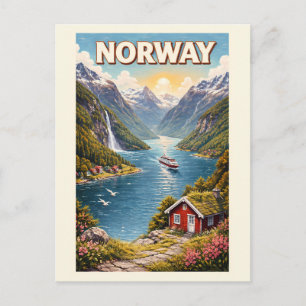 Noorse Fjord Illustratie Reis Kunst Vintage Briefkaart