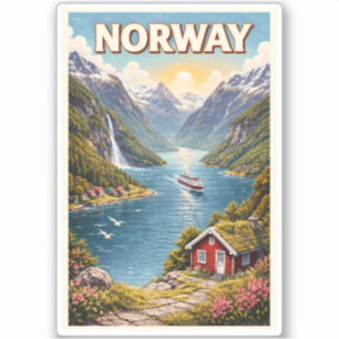 Noorse Fjord Illustratie Reis Kunst Vintage Sticker