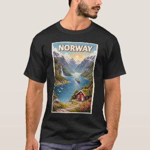 Noorse Fjord Illustratie Reis Kunst Vintage T-shirt