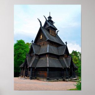Noorse middeleeuwse Stave Church, Oslo, Noorwegen Poster