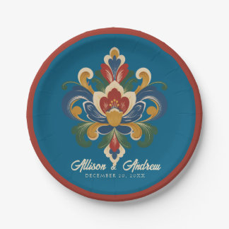 Noorse Rosemaling Blauwe Huwelijk Papieren Bordje