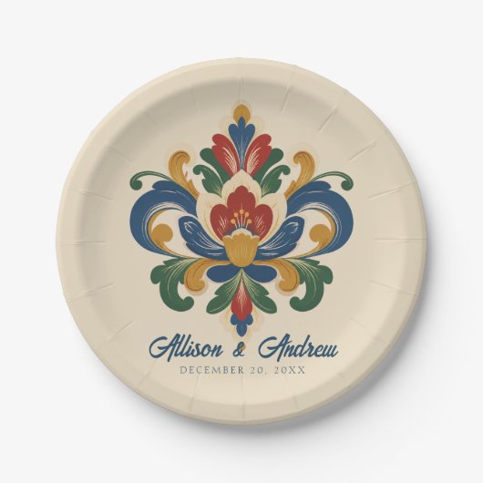 Noorse Rosemaling Bruiloft Papieren Bordje (Voorkant)