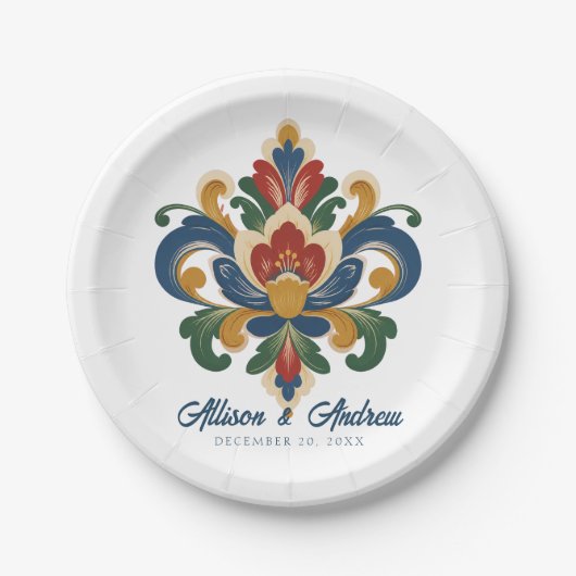 Noorse Rosemaling Bruiloft Papieren Bordje (Voorkant)
