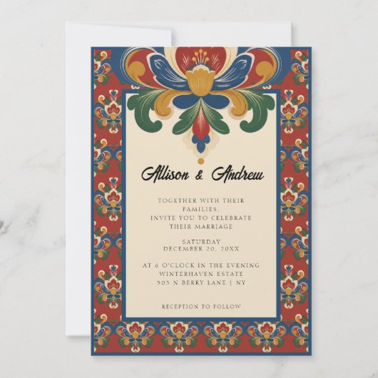 Noorse Rosemaling | Rode Bruiloft Kaart (Voorkant)
