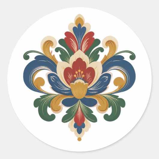 Noorse Rosemaling Ronde Sticker (Voorkant)