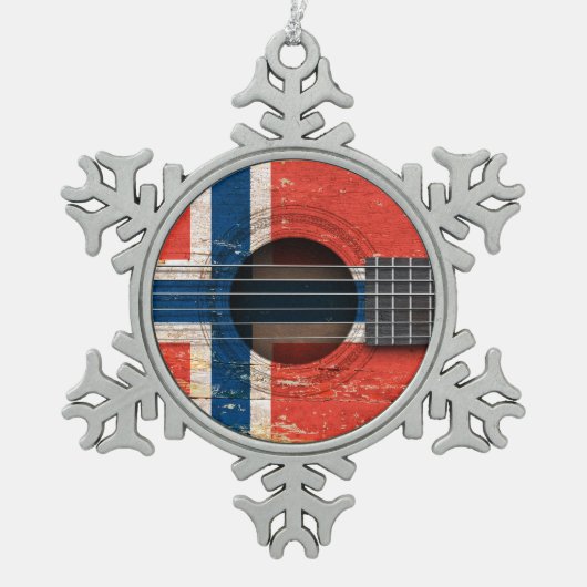 Noorse vlag op oude akoestische gitaar tin sneeuwvlok ornament (Voorkant)
