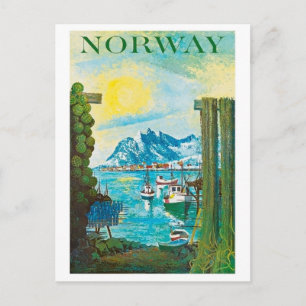 Noorse zon, boten aan de kust, bergen, vintage briefkaart