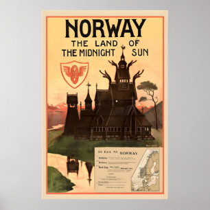 Noorwegen het land van de middernachtzon vintage r poster