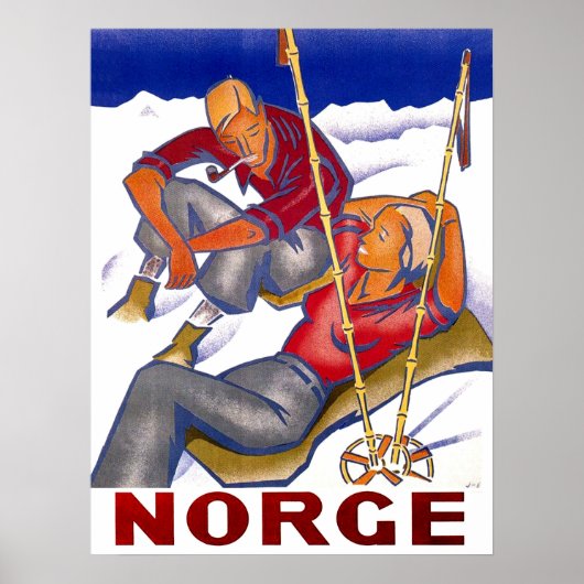 Noorwegen, koppel in wintervakantie, ski, vintage poster (Voorkant)
