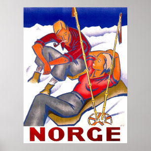 Noorwegen, stel op wintervakantie, ski, vintage poster