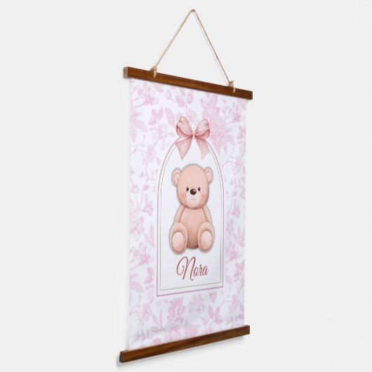 Nora | Aangepaste Roze Teddybeer Nursery Design Hangend Wandkleed (Gebogen)