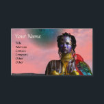 NORA CYBER WARRIOR EN PARROT Science Fiction Visitekaartje<br><div class="desc">Zwart getatoeëerde schoonheid met elegante gouden juwelen met haar kleurrijke rode papegaai,  onder de roze kosmische hemel met blauwe planeten.Artistisch animatie lijst van Hyperion World 3d animatie sci-fi speelfilm.</div>