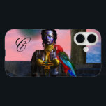 NORA CYBER WARRIOR MONOGRAM Science Fiction iPhone 16 Hoesje<br><div class="desc">Zwart getatoeëerde schoonheid met elegante gouden juwelen met haar kleurrijke rode papegaai,  onder de roze kosmische hemel met blauwe planeten.Artistisch animatie lijst van Hyperion World 3d animatie sci-fi speelfilm.</div>