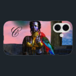 NORA CYBER WARRIOR MONOGRAM Science Fiction iPhone 16 Hoesje<br><div class="desc">Zwart getatoeëerde schoonheid met elegante gouden juwelen met haar kleurrijke rode papegaai,  onder de roze kosmische hemel met blauwe planeten.Artistisch animatie lijst van Hyperion World 3d animatie sci-fi speelfilm.</div>