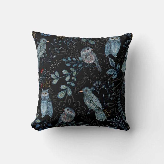 Nordic Blue Bird Owl Floral Waterverf Kussen (Voorkant)