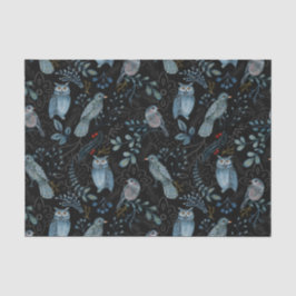 Nordic Blue Bird Owl Floral Waterverf Tissuepapier