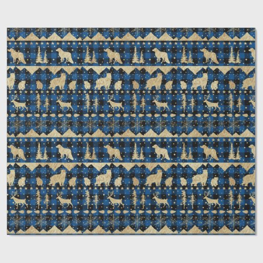 Nordic Blue Buffalo Pset Gold Winter Animals Cadeaupapier (Vlak)
