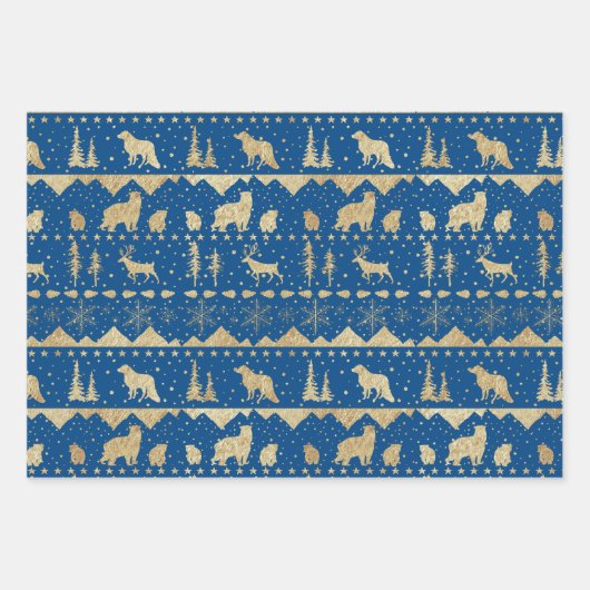 Nordic Blue Buffalo Pset Gold Winter Animals Inpakpapier Vel (Voorkant 2)