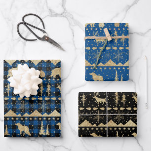 Nordic Blue Buffalo Pset Gold Winter Animals Inpakpapier Vel
