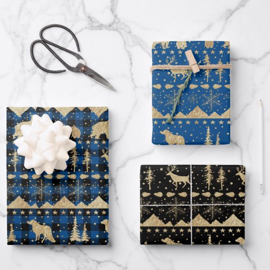 Nordic Blue Buffalo Pset Gold Winter Animals Inpakpapier Vel (Voorkant)