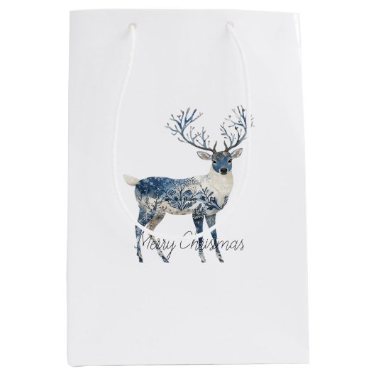 Nordic Blue White Deer Christmas Medium Cadeauzakje (Voorkant)