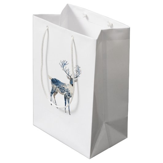 Nordic Blue White Deer Christmas Medium Cadeauzakje (Achterkant Gekanteld)