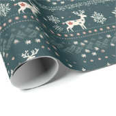Nordic Breien Patroon groene kerst rendieren Cadeaupapier (Rol Hoek)