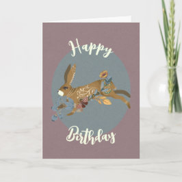 Nordic Brown Rabbit Floral Waterverf Birthday Kaart
