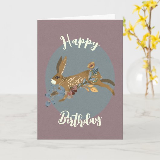 Nordic Brown Rabbit Floral Waterverf Birthday Kaart (Gele Bloem)