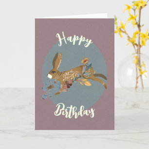 Nordic Brown Rabbit Floral Waterverf Birthday Kaart