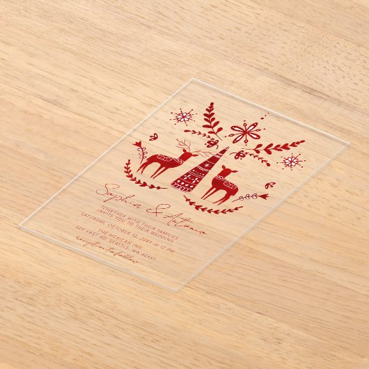 Nordic Buck en Doe Woodland Winterbruiloft Acryl Uitnodigingen (Laagn)