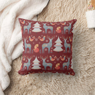 Nordic Burgundy Red Rendier Kerstboom Bloemen Kussen
