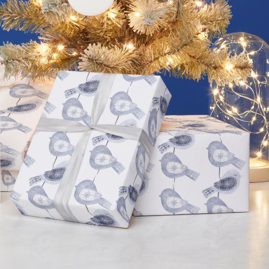 Nordic Christmas Blue Birds Cadeaupapier (Feestdagen)