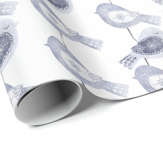 Nordic Christmas Blue Birds Cadeaupapier (Rol Hoek)