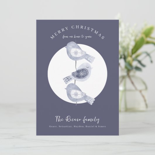 Nordic Christmas Blue Birds Foto Feestdagenkaart (Staand voorkant)