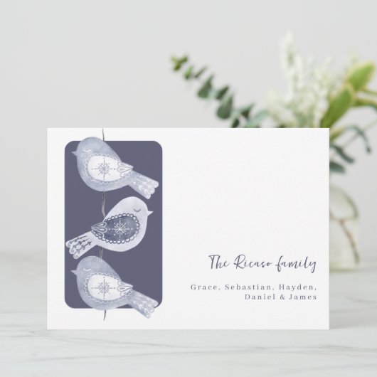 Nordic Christmas Blue Birds Foto Feestdagenkaart (Staand voorkant)