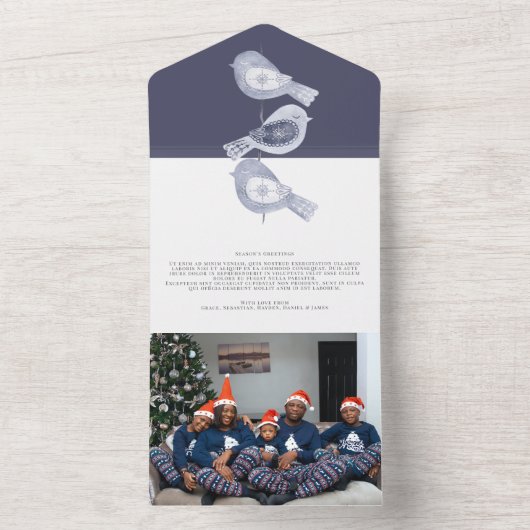 Nordic Christmas Blue Birds Foto Vakantie Kaart (Binnen)