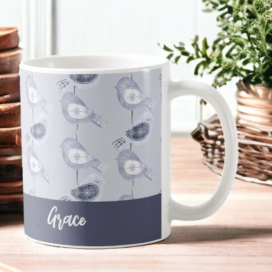 Nordic Christmas Blue Birds gepersonaliseerd Koffiemok