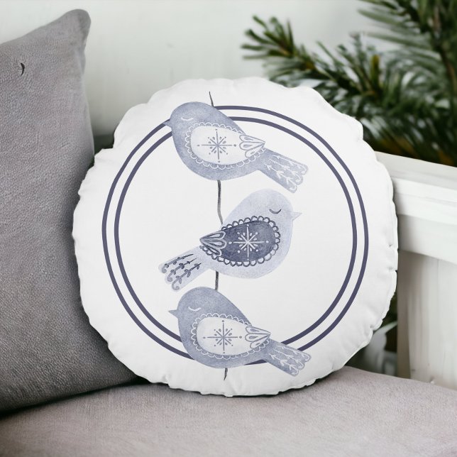 Nordic Christmas Blue Birds Rond Kussen (Nordic Christmas Blue Birds Round Pillow from Ricaso)