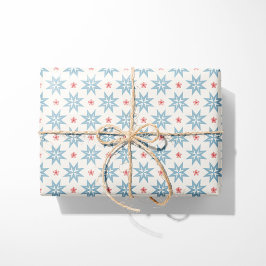 Nordic Christmas Blue Stars en rode sneeuwvlokken Cadeaupapier