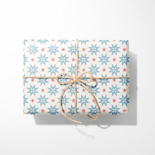 Nordic Christmas Blue Stars en rode sneeuwvlokken Cadeaupapier