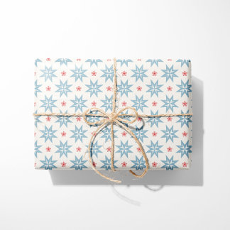 Nordic Christmas Blue Stars en rode sneeuwvlokken Cadeaupapier
