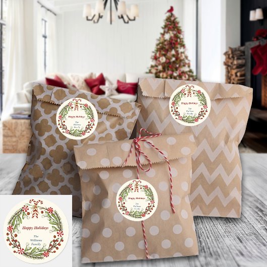 Nordic Christmas Candy Cane Krans Aangepaste naam Ronde Sticker