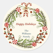 Nordic Christmas Candy Cane Krans Aangepaste naam Ronde Sticker (Voorkant)